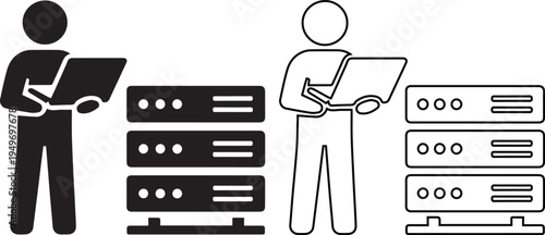 Professional IT technician silhouette and line art illustration working on a laptop next to server racks, ideal for data center management, cloud computing, and network hosting concepts.