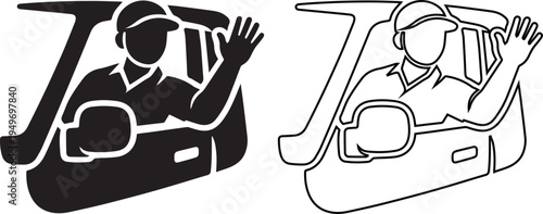 Friendly delivery driver silhouette and line art icons waving from a car window, perfect for logistics services, transportation branding, and professional courier shipping concepts.