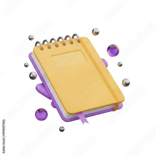 Creative notebook with vibrant purple and yellow watercolor splashes and floating drops