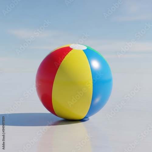 Colorful beach ball resting on a sandy surface under clear skies