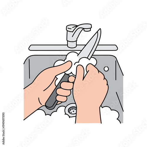 Washing Knife In Kitchen Sink vector illustration