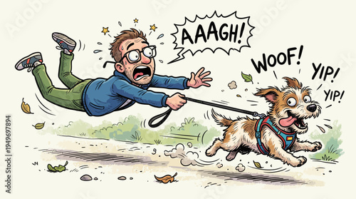 Funny Cartoon Dog Pulling Owner on Leash Chaotic Dog Walk Illustration