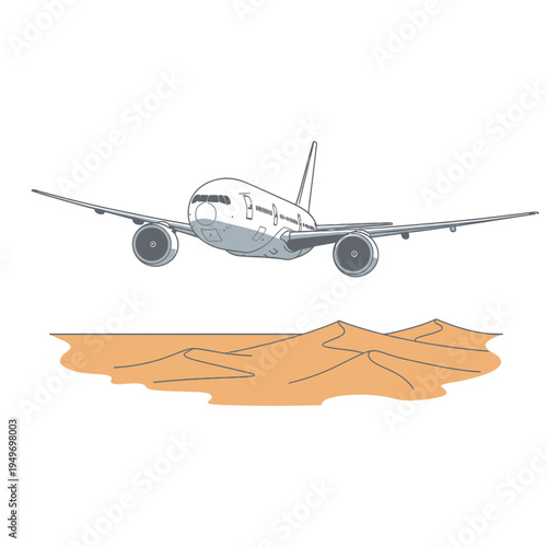 Airplane Flying Over Desert Dunes Drawing vector illustration