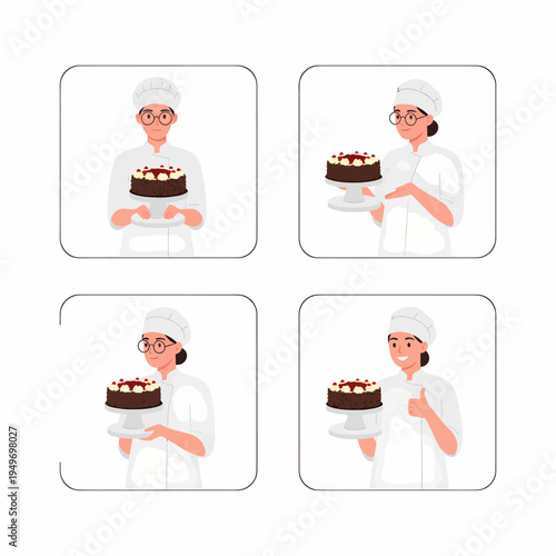 A set of four illustrations depicting a baker presenting a delicious chocolate cake with berries.