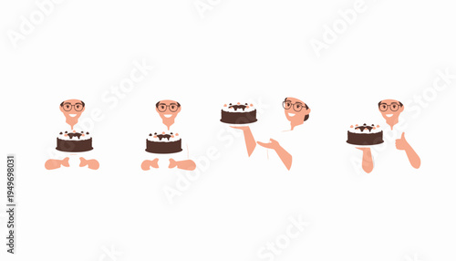 Sequence of illustrations showing a happy baker presenting a chocolate cake with a thumbs-up.