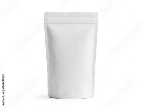Standing white resealable pouch bag against a plain background