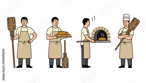 Illustrations of bakers working with bread and a traditional brick oven, holding wooden peels.