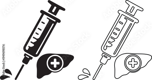 medical vector icon set featuring a diagnostic syringe with a liver health symbol and plus sign for hepatitis testing, vaccination, and organ treatment concepts.