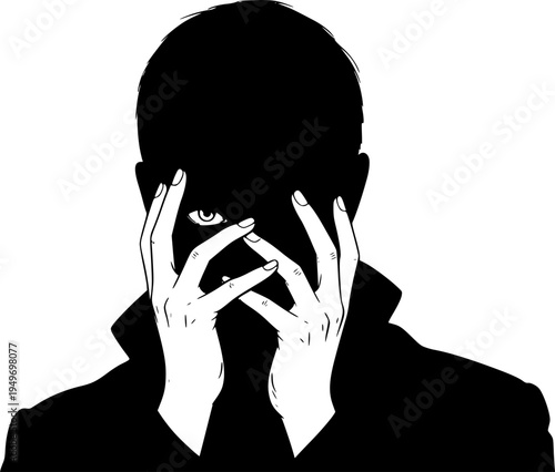 Stylized illustration of a scary looking black shadowy androgynous silhouette figure covering their face with both hands but peeking through with one eye