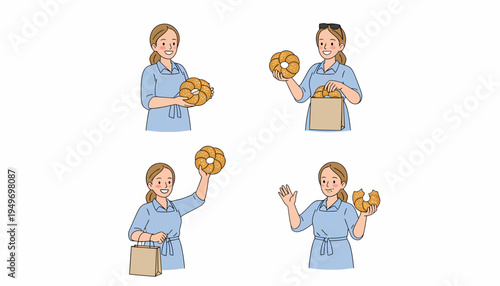 Four illustrations of a woman happily interacting with various freshly baked bagels and bread.