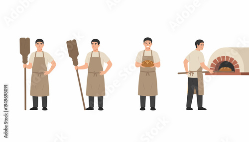 Four illustrations of a male baker in various poses, holding peels, baked goods, and using a traditional brick oven.