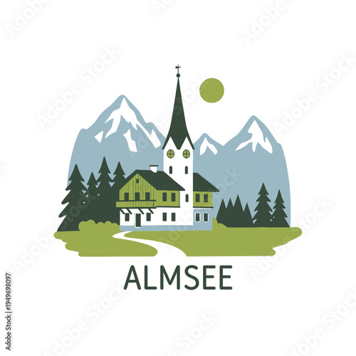 Almsee Church in Austrian Alps Landscape vector illustration