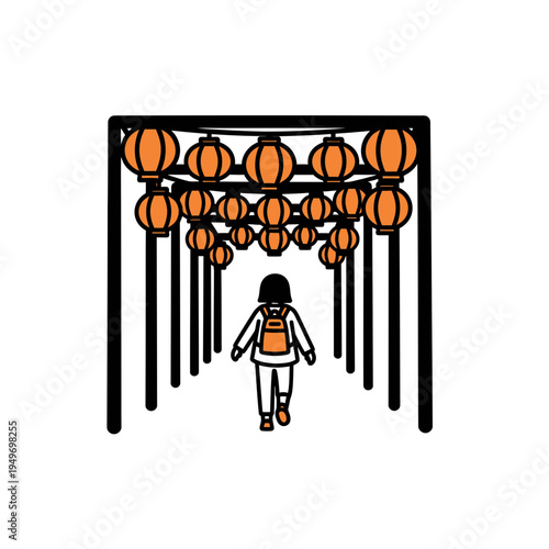 Woman Walking Through Lantern-Adorned Portal vector illustration
