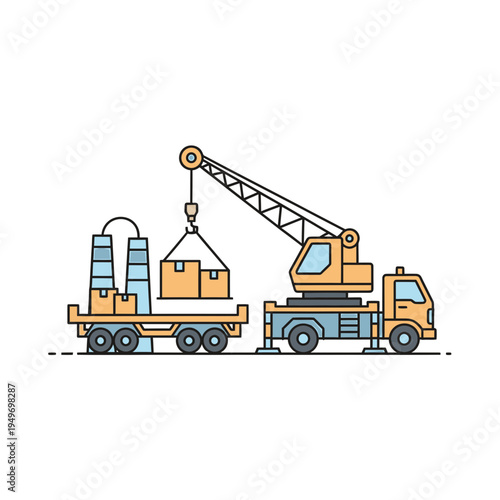 Crane Truck Loading Flatbed Trailer with Cargo vector illustration