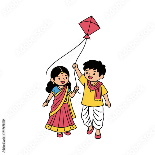 Indian Children Flying Kite Cartoon Style vector illustration