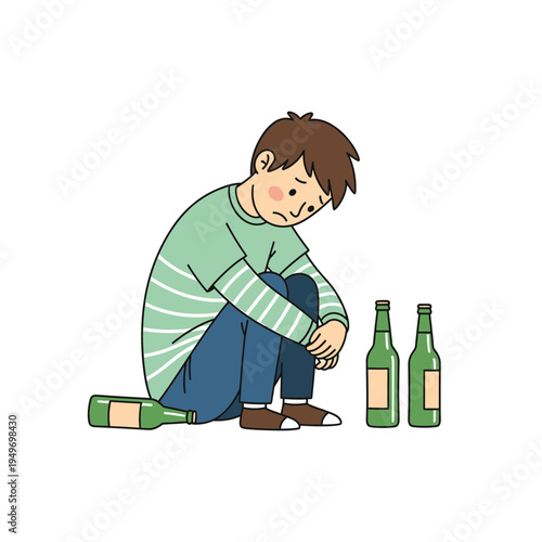 Sad Man Sitting with Empty Alcohol Bottles vector illustration