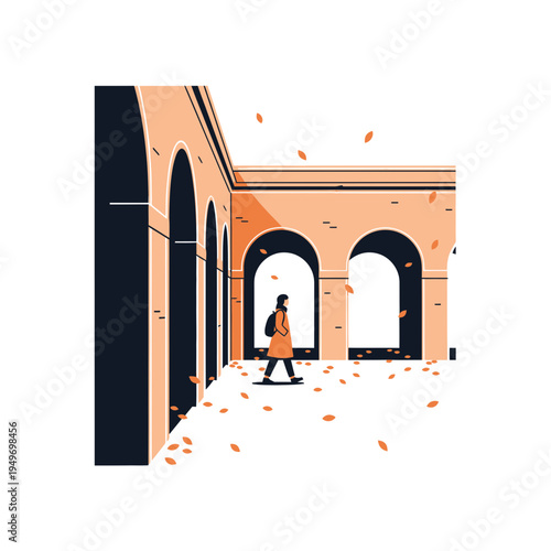 Man Walking Through Arched Hallway in Autumn vector illustration