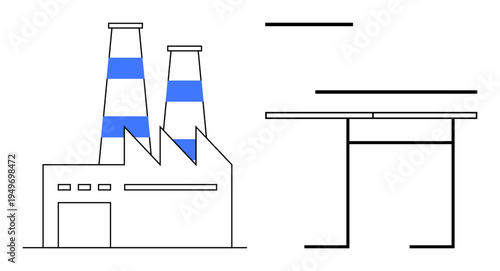 Energy production, supply chains, industrial design, infrastructure planning, manufacturing, environmental impact. Two industrial chimneys and infrastructure elements. Energy production and supply