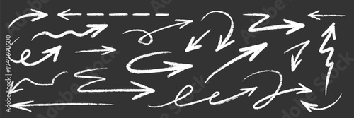 Arrow brush chalk set on blackboard. Arrow line hand drawn stroke with chalk marker crayon on chalkboard. Rough scribble doodle curve swirl underline dash kid fun texture. Vector illustration