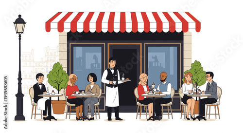 Illustration of people dining at outdoor restaurant tables with a waiter serving food under a red and white striped awning.