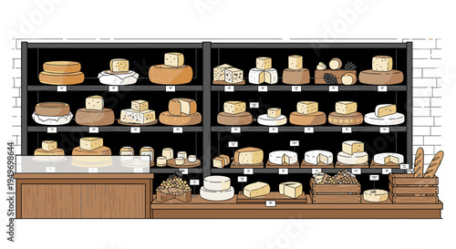 Illustration of a bakery display case filled with various types of bread and pastries on wooden shelves and counter against a white brick wall.