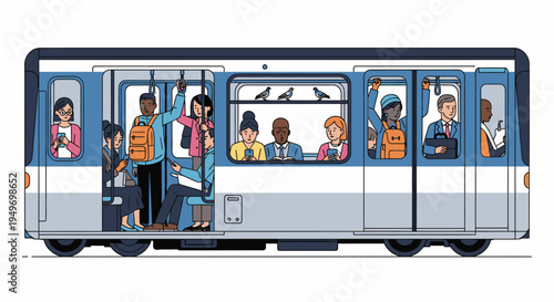 Illustration of a public transit bus with diverse passengers inside and entering through the door against a white background.