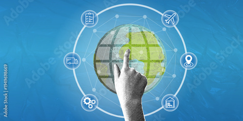 A person touching a digital globe with business icons. Trendy halftone collage. Concept of international logistics, global supply chain, and worldwide communication. Innovative technology for business