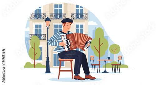 Illustration of a man playing an accordion while sitting on a stool in a city square with buildings and trees in the background.