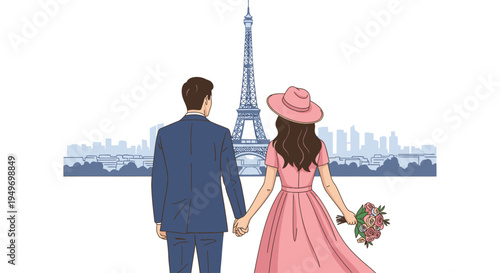 Illustration of a romantic couple holding hands with Eiffel Tower and Paris cityscape in the background, woman wearing pink dress and hat holding flowers.