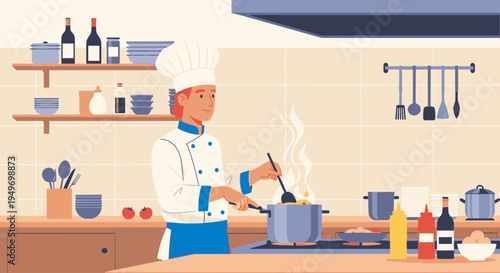 Illustration of a chef cooking with a pot on a stovetop in a kitchen with various utensils and ingredients nearby, with a warm and inviting atmosphere.