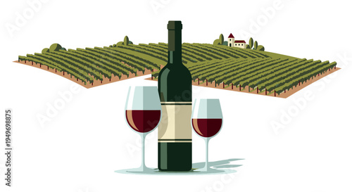 Illustration of a wine bottle with two glasses in front of a vineyard landscape with a house in the background on a white surface.