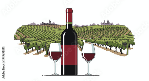 Illustration of a red wine bottle with two glasses in front of a vineyard landscape with rows of grapevines.