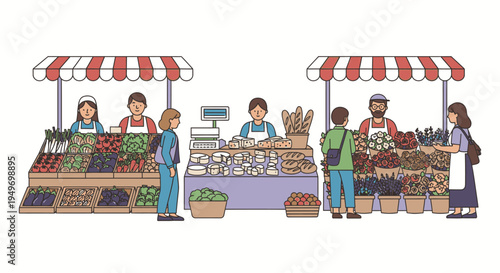 Illustration of people shopping and selling fresh produce at an outdoor market with striped awnings and various fruits and vegetables on display.