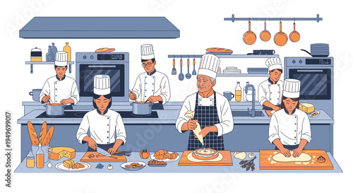 Illustration of chefs preparing food in a commercial kitchen with various cooking utensils and equipment.