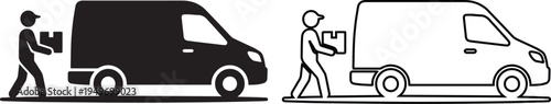 vector silhouette of a delivery man carrying a cardboard box to a shipping van, featuring minimalist line art for logistics, courier services, and transport concepts.
