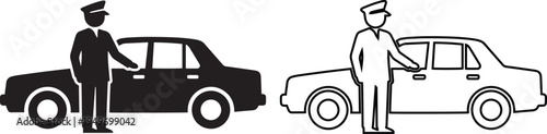 Professional chauffeur and valet service vector illustration featuring a black silhouette and line art of a driver opening a car door for luxury transport and travel concepts.