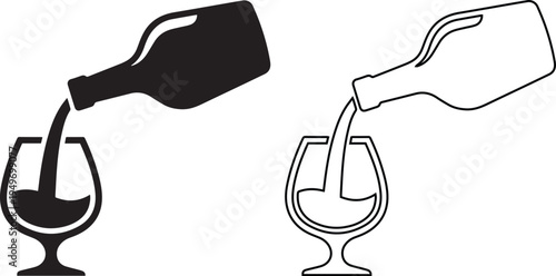 Professional vector illustration of a bottle pouring liquid into a glass, featuring black silhouette and minimalist line art for wine, cognac, brandy, and luxury bar service concepts.
