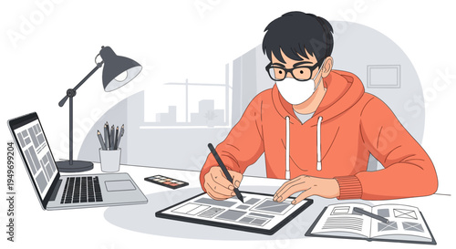 Businessman analyzing data on tablet at desk.