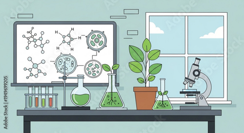 Science laboratory equipment with plant and microscope on desk molecular structures on board educational setting