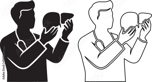Professional doctor holding a human liver organ vector illustration, featuring black silhouette and line art icons for hepatology, medical transplant, healthcare, and liver health awareness.