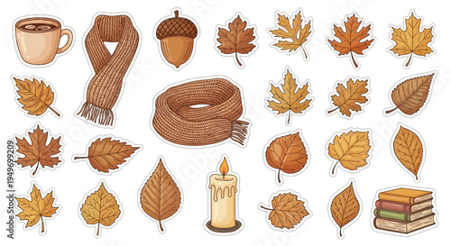 Autumnal elements collection leaves scarf candle coffee cup and acorn