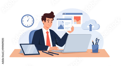 Businessman analyzing data on tablet at desk.