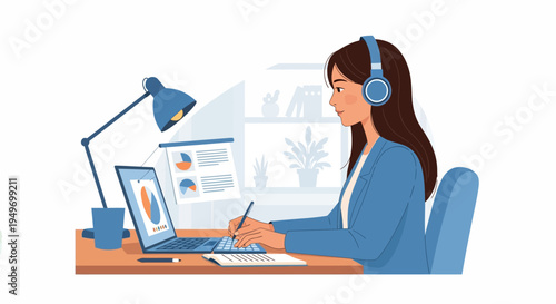 Businessman analyzing data on tablet at desk.