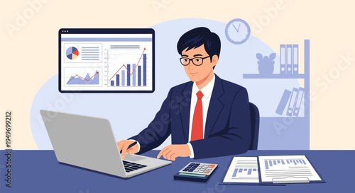 Businessman analyzing data on tablet at desk.