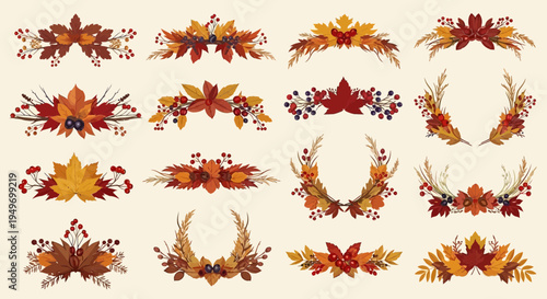 Autumnal floral arrangements and decorative elements isolated vector illustration