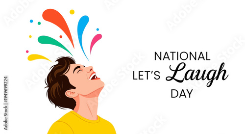 Illustration of a joyful young man laughing with colorful splashes on National Let's Laugh Day against a clean background.