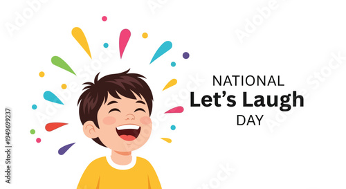 Illustration of a joyful boy laughing on National Let's Laugh Day with colorful confetti, conveying happiness and humor in a vibrant, celebratory atmosphere.