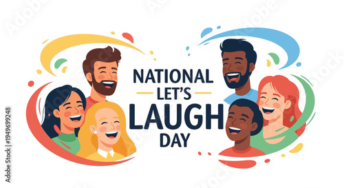 Illustration of diverse people laughing together celebrating National Let's Laugh Day with colorful swirls and joyful expressions.