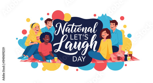 Illustration of diverse people laughing together on National Let's Laugh Day with colorful balloons and confetti in a joyful and celebratory atmosphere.
