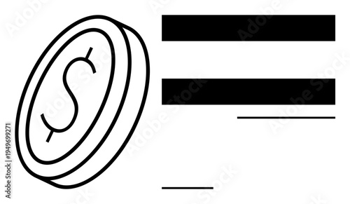 Simplistic dollar coin next to horizontal bars symbolizing monetary value, transactions, and accounting. Ideal for finance, banking, budgeting, analysis, wealth, economics simple flat metaphor